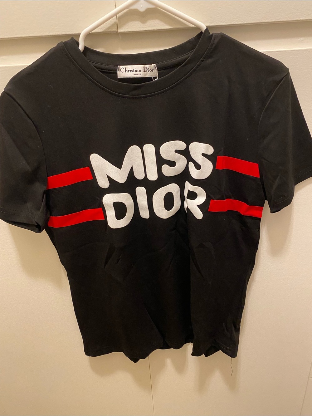 Dior Black T‑Shirt with White 'MISS DIOR' Logo and Red Stripes